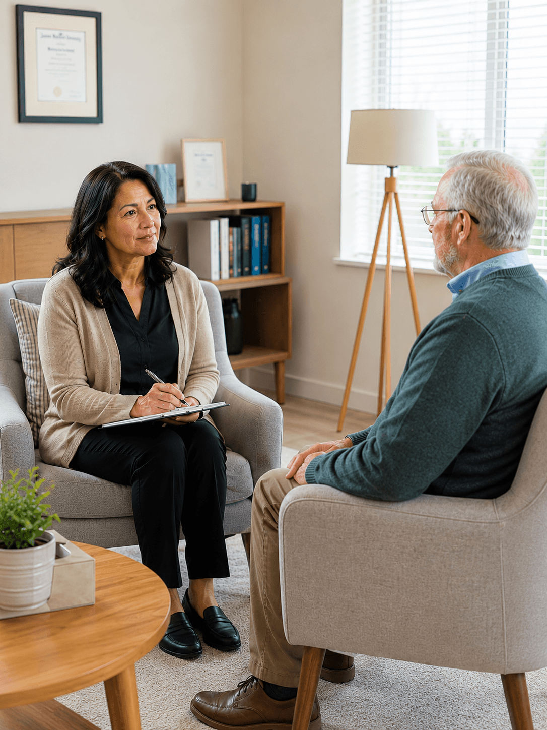 A patient in a quiet moment of conversation with their therapist
